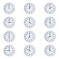 Set of round clocks with various time isolated on white background Royalty Free Stock Photo